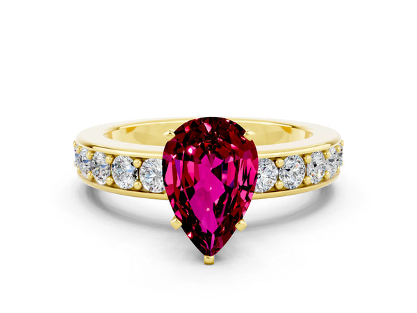 Yellow gold Pear Cut Garnet Engagement Ring with Channel Set Round  Band and Prong Setting