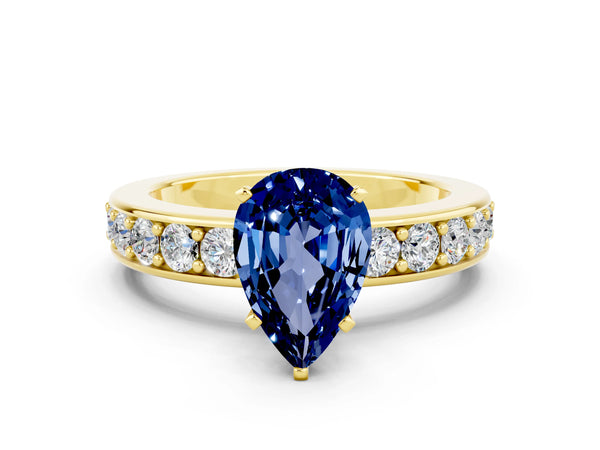 Yellow gold Pear Cut Blue Sapphire Engagement Ring with Channel Set Round  Band and Prong Setting