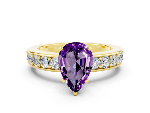 Yellow gold Pear Cut Amethyst Engagement Ring with Channel Set Round  Band and Prong Setting