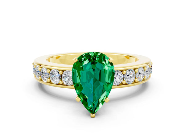 Yellow gold Pear Cut Emerald Engagement Ring with Channel Set Round  Band and Prong Setting