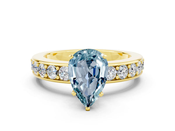 Yellow gold Pear Cut Aquamarine Engagement Ring with Channel Set Round  Band and Prong Setting