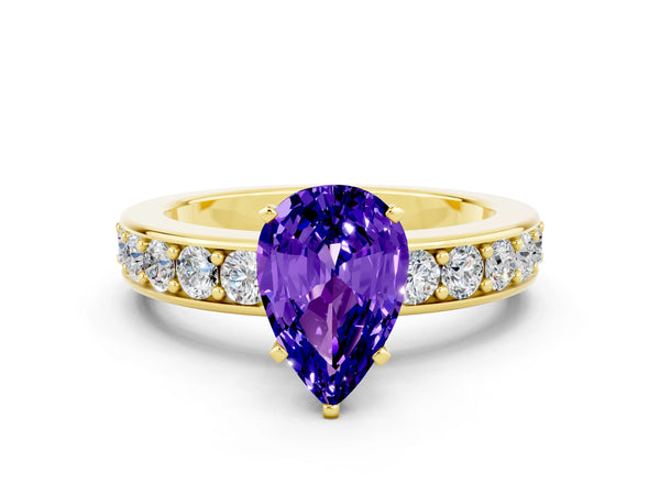 Yellow gold Pear Cut Tanzanite Engagement Ring with Channel Set Round  Band and Prong Setting