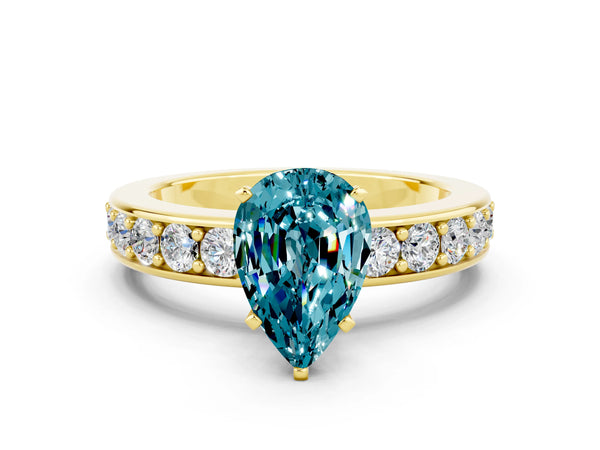 Yellow gold Pear Cut Blue Topaz Engagement Ring with Channel Set Round  Band and Prong Setting