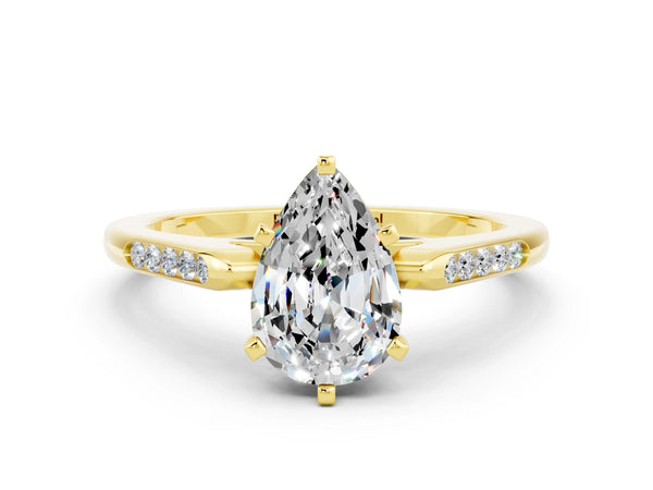 Yellow gold Pear Cut Moissanite Solitaire Ring with Channel Set Round Band and Prong Setting
