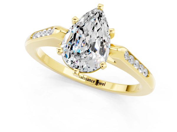 Yellow gold Pear Cut Moissanite Solitaire Ring with Channel Set Round Band and Prong Setting