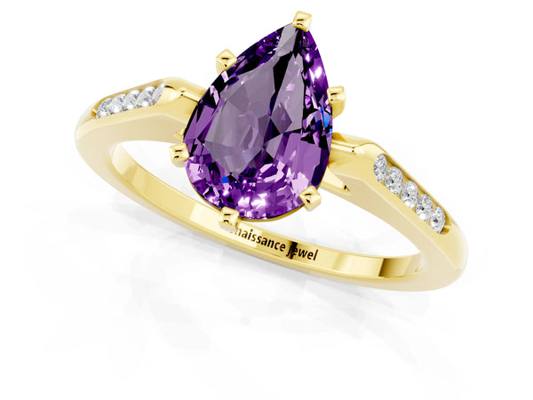 Yellow gold Pear Cut Amethyst Solitaire Ring with Channel Set Round Band and Prong Setting