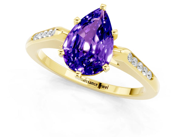 Yellow gold Pear Cut Tanzanite Solitaire Ring with Channel Set Round Band and Prong Setting