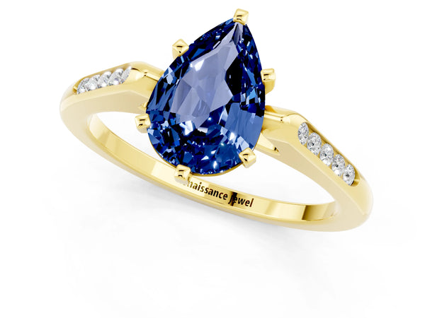 Yellow gold Pear Cut Blue Sapphire Solitaire Ring with Channel Set Round Band and Prong Setting