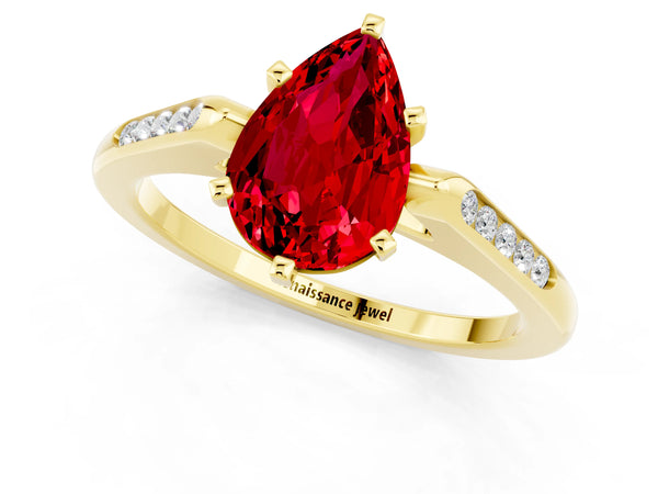 Yellow gold Pear Cut Ruby Solitaire Ring with Channel Set Round Band and Prong Setting
