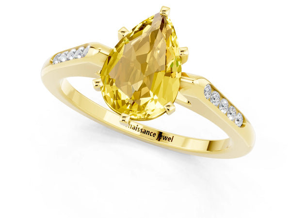Yellow gold Pear Cut Yellow Sapphire Solitaire Ring with Channel Set Round Band and Prong Setting
