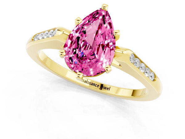 Yellow gold Pear Cut Pink Sapphire Solitaire Ring with Channel Set Round Band and Prong Setting