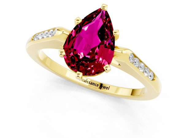 Yellow gold Pear Cut Garnet Solitaire Ring with Channel Set Round Band and Prong Setting