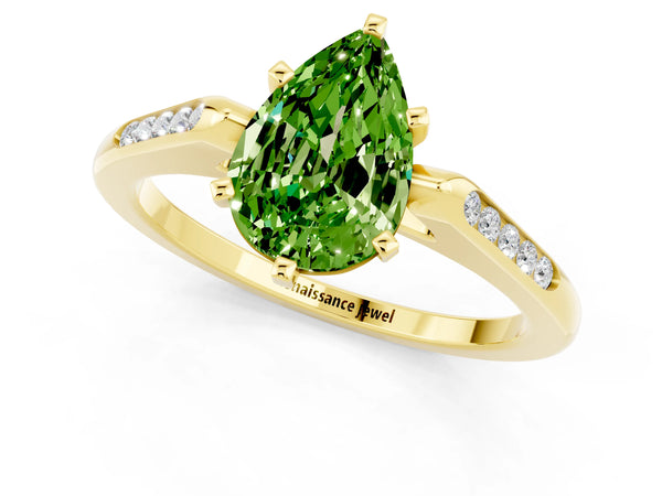 Yellow gold Pear Cut Peridot Solitaire Ring with Channel Set Round Band and Prong Setting