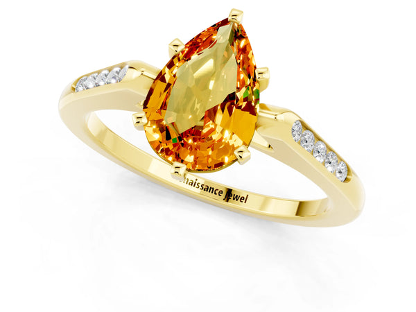 Yellow gold Pear Cut Citrine Solitaire Ring with Channel Set Round Band and Prong Setting