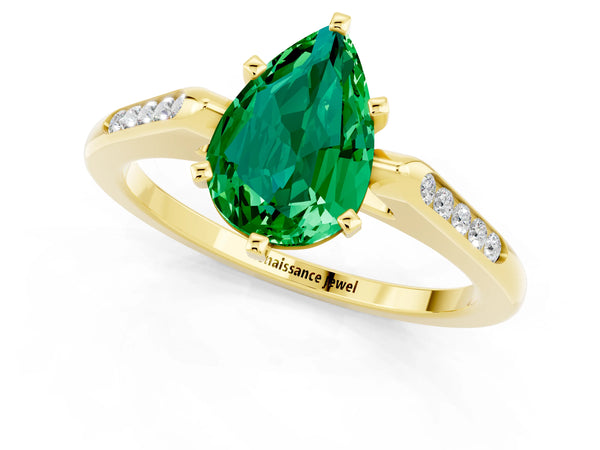 Yellow gold Pear Cut Emerald Solitaire Ring with Channel Set Round Band and Prong Setting