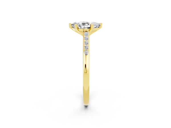 Yellow gold Pear Cut Moissanite Solitaire Ring with Channel Set Round Band and Prong Setting