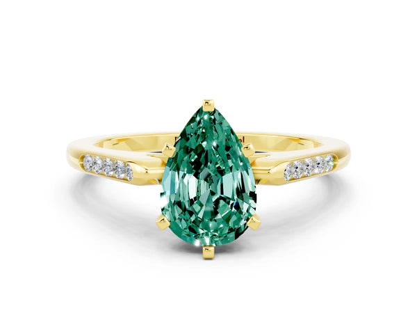 Yellow gold Pear Cut Green Sapphire Solitaire Ring with Channel Set Round Band and Prong Setting