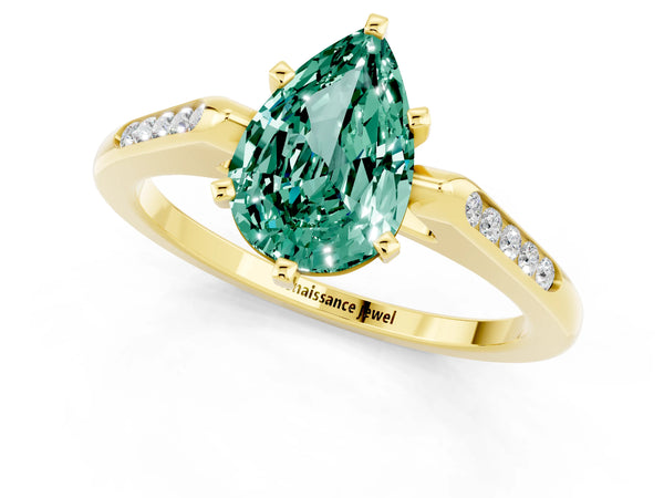 Yellow gold Pear Cut Green Sapphire Solitaire Ring with Channel Set Round Band and Prong Setting