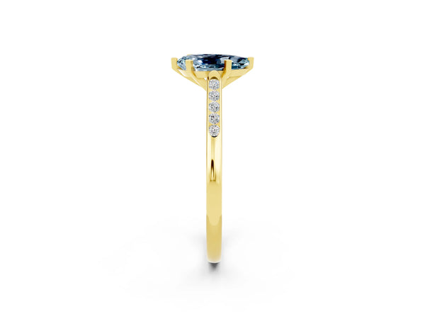 Yellow gold Pear Cut Aquamarine Solitaire Ring with Channel Set Round Band and Prong Setting
