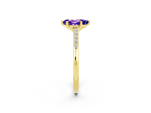 Yellow gold Pear Cut Tanzanite Solitaire Ring with Channel Set Round Band and Prong Setting