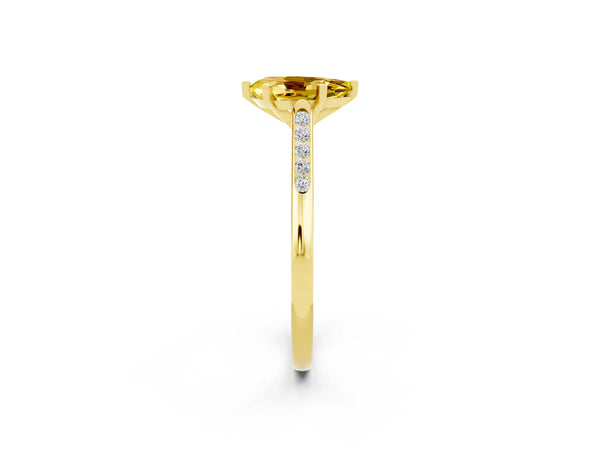 Yellow gold Pear Cut Yellow Sapphire Solitaire Ring with Channel Set Round Band and Prong Setting