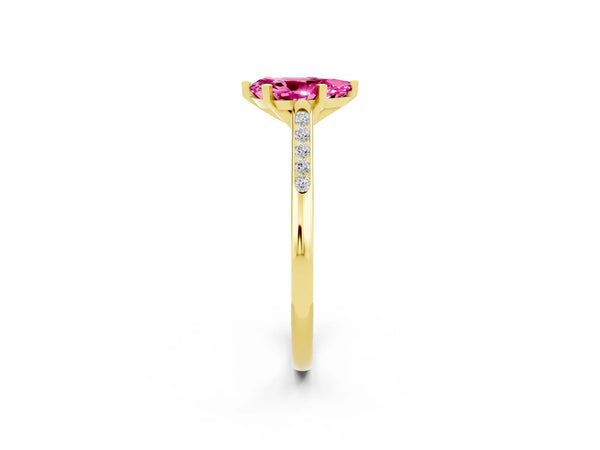 Yellow gold Pear Cut Pink Sapphire Solitaire Ring with Channel Set Round Band and Prong Setting