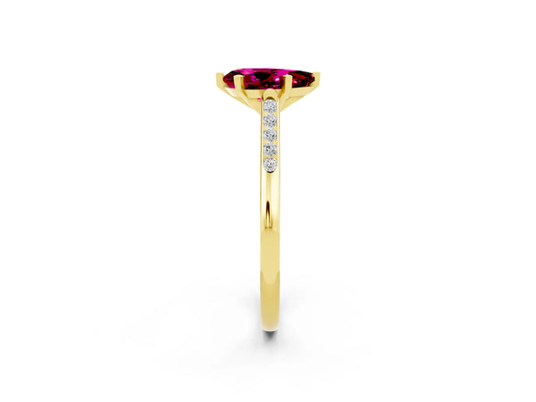 Yellow gold Pear Cut Garnet Solitaire Ring with Channel Set Round Band and Prong Setting