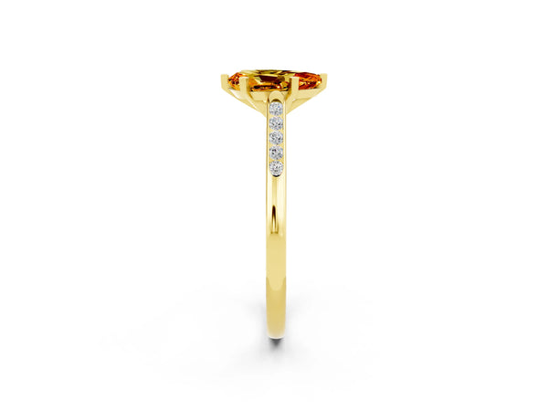 Yellow gold Pear Cut Citrine Solitaire Ring with Channel Set Round Band and Prong Setting