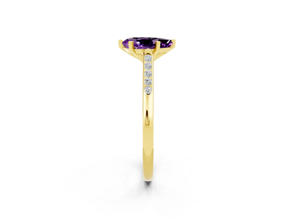 Yellow gold Pear Cut Amethyst Solitaire Ring with Channel Set Round Band and Prong Setting