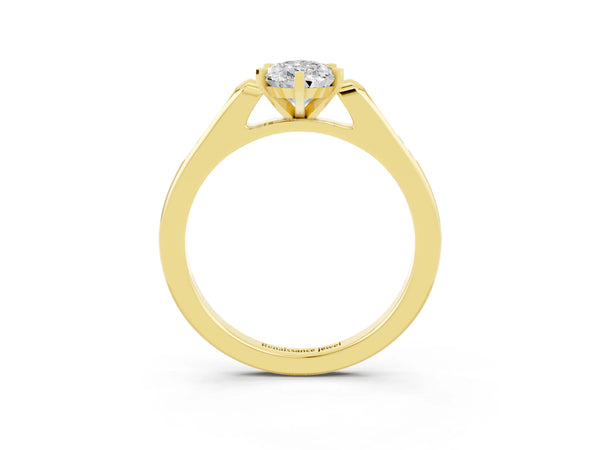 Yellow gold Pear Cut Moissanite Solitaire Ring with Channel Set Round Band and Prong Setting