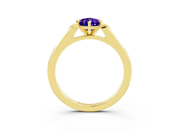 Yellow gold Pear Cut Tanzanite Solitaire Ring with Channel Set Round Band and Prong Setting