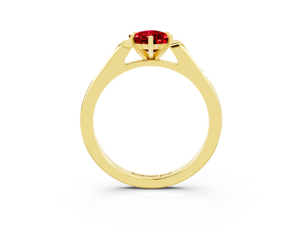 Yellow gold Pear Cut Ruby Solitaire Ring with Channel Set Round Band and Prong Setting