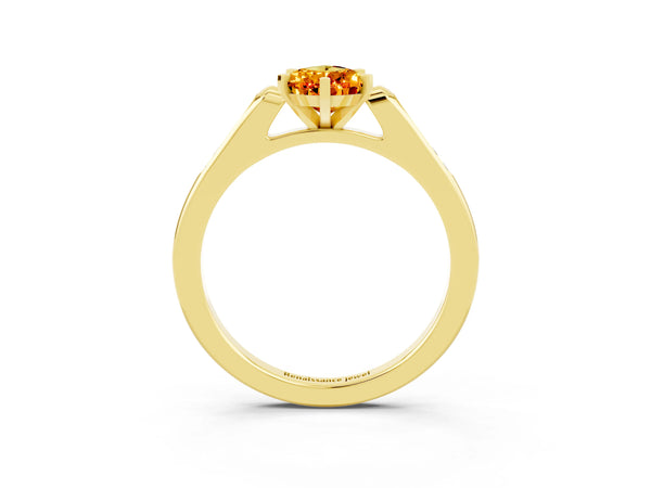 Yellow gold Pear Cut Citrine Solitaire Ring with Channel Set Round Band and Prong Setting