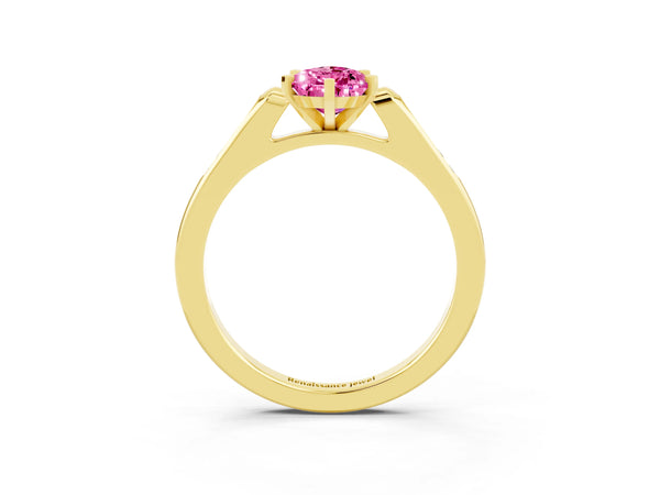 Yellow gold Pear Cut Pink Sapphire Solitaire Ring with Channel Set Round Band and Prong Setting