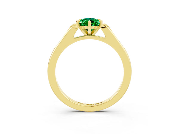 Yellow gold Pear Cut Emerald Solitaire Ring with Channel Set Round Band and Prong Setting
