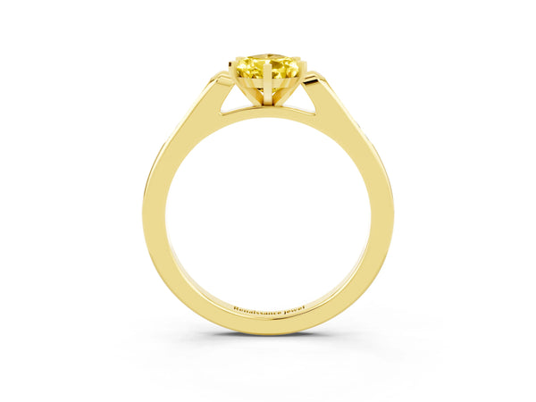 Yellow gold Pear Cut Yellow Sapphire Solitaire Ring with Channel Set Round Band and Prong Setting