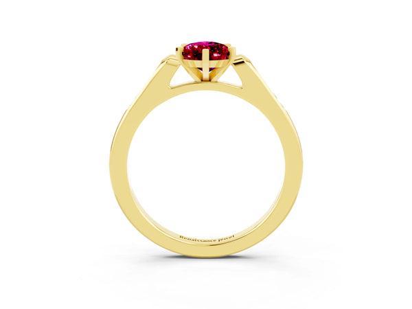 Yellow gold Pear Cut Garnet Solitaire Ring with Channel Set Round Band and Prong Setting