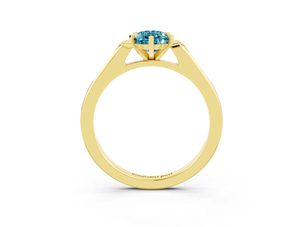 Yellow gold Pear Cut Blue Topaz Solitaire Ring with Channel Set Round Band and Prong Setting