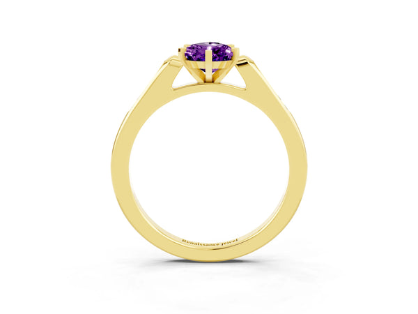 Yellow gold Pear Cut Amethyst Solitaire Ring with Channel Set Round Band and Prong Setting