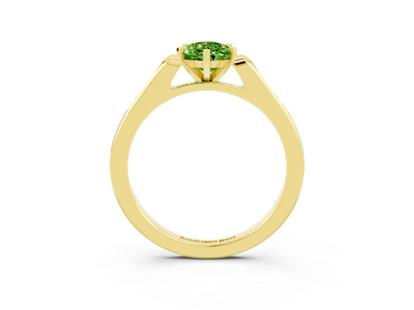Yellow gold Pear Cut Peridot Solitaire Ring with Channel Set Round Band and Prong Setting