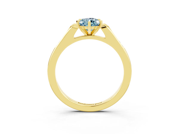 Yellow gold Pear Cut Aquamarine Solitaire Ring with Channel Set Round Band and Prong Setting