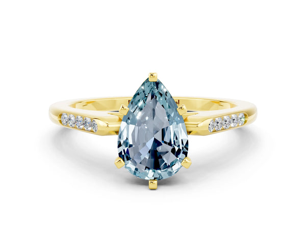 Yellow gold Pear Cut Aquamarine Solitaire Ring with Channel Set Round Band and Prong Setting