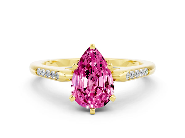 Yellow gold Pear Cut Pink Sapphire Solitaire Ring with Channel Set Round Band and Prong Setting