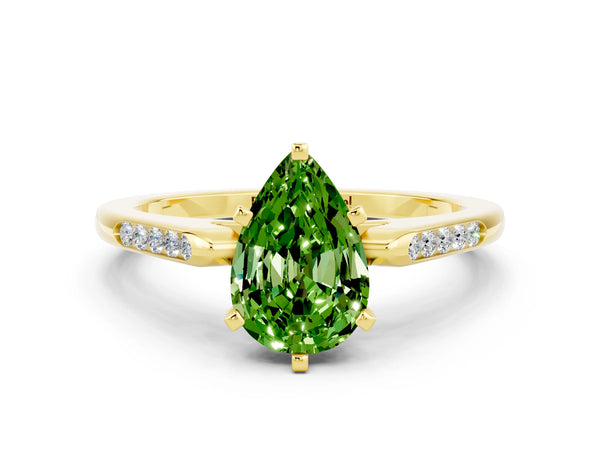 Yellow gold Pear Cut Peridot Solitaire Ring with Channel Set Round Band and Prong Setting