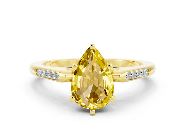 Yellow gold Pear Cut Yellow Sapphire Solitaire Ring with Channel Set Round Band and Prong Setting