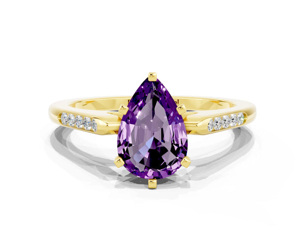 Yellow gold Pear Cut Amethyst Solitaire Ring with Channel Set Round Band and Prong Setting