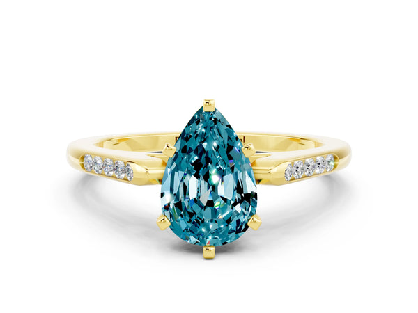 Yellow gold Pear Cut Blue Topaz Solitaire Ring with Channel Set Round Band and Prong Setting