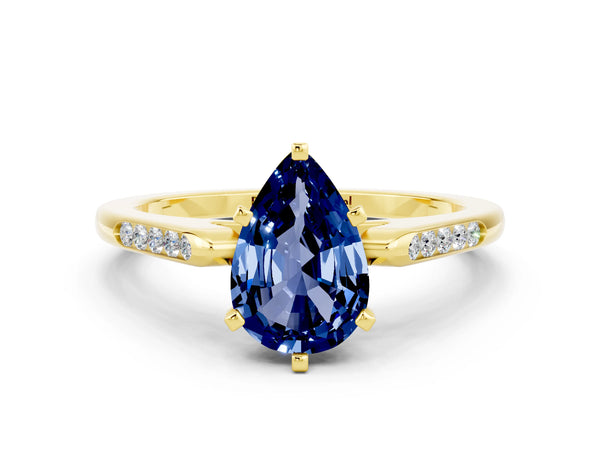Yellow gold Pear Cut Blue Sapphire Solitaire Ring with Channel Set Round Band and Prong Setting