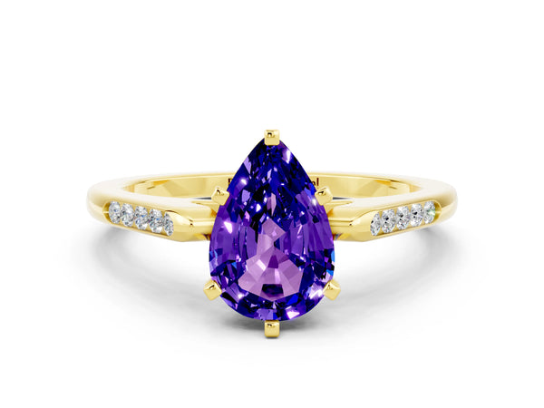 Yellow gold Pear Cut Tanzanite Solitaire Ring with Channel Set Round Band and Prong Setting