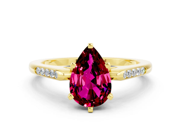 Yellow gold Pear Cut Garnet Solitaire Ring with Channel Set Round Band and Prong Setting